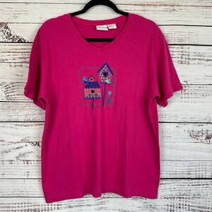 Womens VTG Bobbie Brooks Pink Birdhouse Embroidered T Shirt Granny Cottage XL
